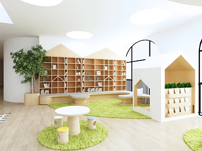 Kindergarten Indoor Activity Space With Bookshelves Playhouse Green Plants And Round Tables 3d model
