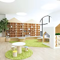 Kindergarten Indoor Activity Space With Bookshelves Playhouse Green Plants And Round Tables