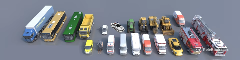 Various Types of Vehicles Including Police Car Ambulance Trucks and Vans 3d model 