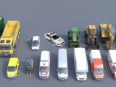 Various Types of Vehicles Including Police Car Ambulance Trucks and Vans 3d model