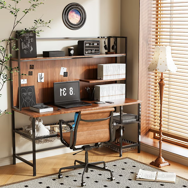 Modern Industrial Wooden Desk With Metal Bookshelf Laptop Chair Floor Lamp And Window Blinds 3d model 