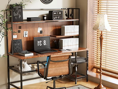 Modern Industrial Wooden Desk With Metal Bookshelf Laptop Chair Floor Lamp And Window Blinds 3d model