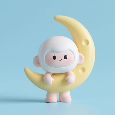 Cute Decorative Ornament Set With Little Monkey Doll And Yellow Moon On Light Blue Background 3d model
