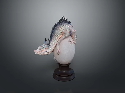 Detailed Dragon Sculpture With Scales Perched On White Egg Wooden Pedestal 3d model