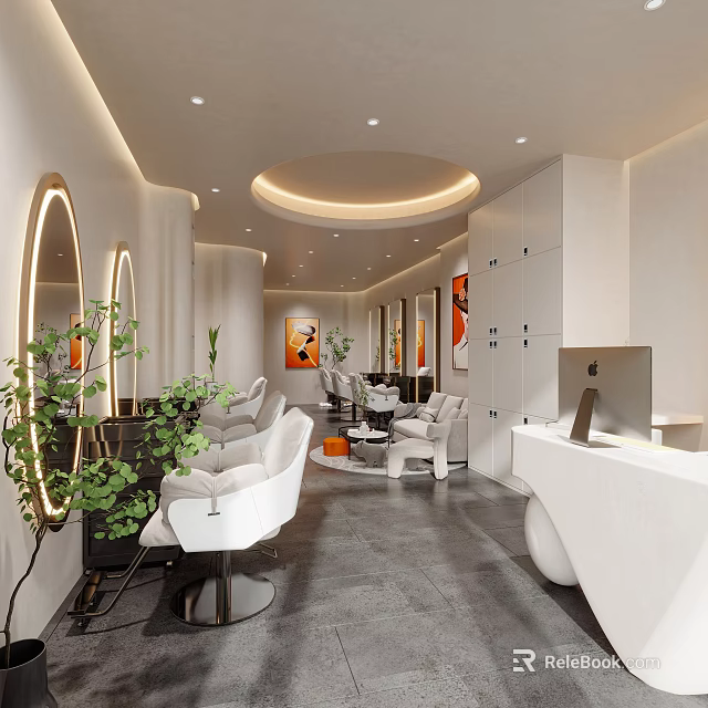 Elegant Modern Beauty Salon Interior With White Chairs Round Mirrors And Green Plants 3d model 