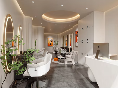 Elegant Modern Beauty Salon Interior With White Chairs Round Mirrors And Green Plants 3d model