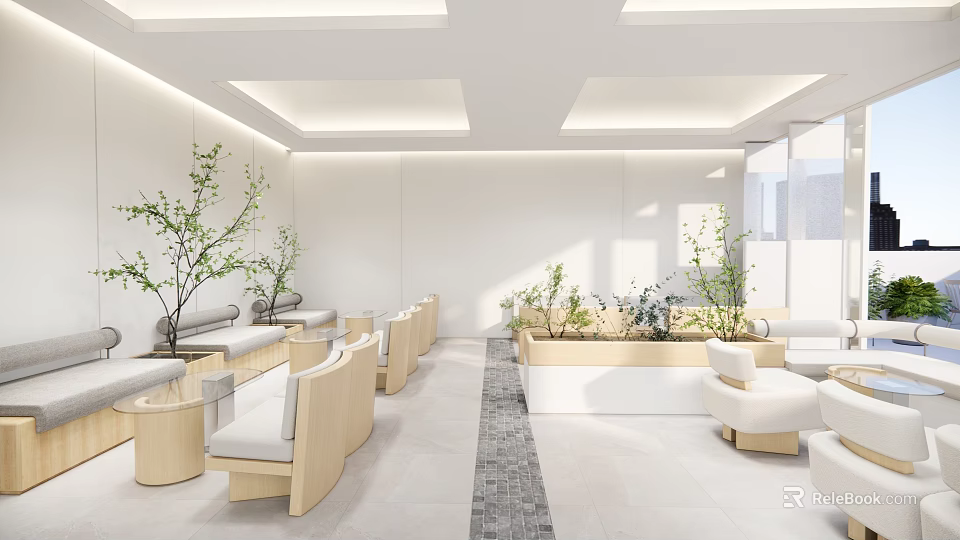 Modern Minimalist Lounge Area With Light Wood Benches White Sofas Green Plants And Natural Light 3d model 