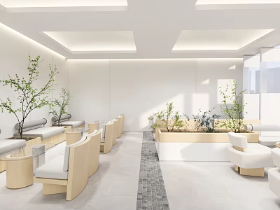 Modern Minimalist Lounge Area With Light Wood Benches White Sofas Green Plants And Natural Light 3d model