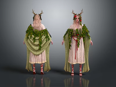 Forest Themed Female Characters With Deer Antler Headdress Green Leaf Cloak Pink Dress And Red Strapped Shoes 3d model