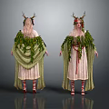 Forest Themed Female Characters With Deer Antler Headdress Green Leaf Cloak Pink Dress And Red Strapped Shoes