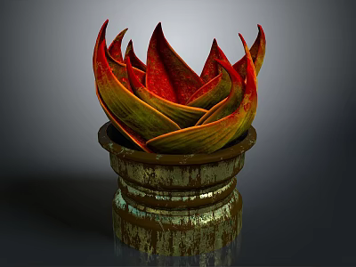 Carved Red And Yellow Petal Shaped Sculpture With Ornate Aged Metallic Pedestal 3d model