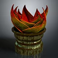 Carved Red And Yellow Petal Shaped Sculpture With Ornate Aged Metallic Pedestal