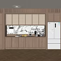 Modern Kitchen Wooden Sideboard With Marble Countertop Built-in Appliances And White Refrigerator On Herringbone Floor