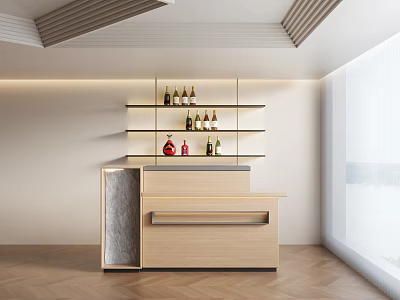 Elegant Modern Bar Counter Interior With Warm Lighting Wooden Shelves And Wine Bottles 3d model