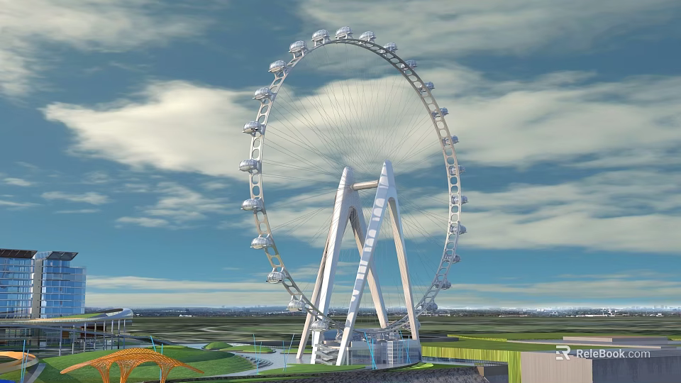 Modern Tall Ferris Wheel Amusement Equipment With Observation Cabins And White Steel Structure 3d model 