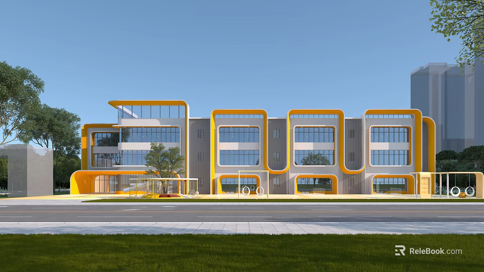 Modern School Building With Yellow And Gray Exterior Large Windows Green Lawn And Trees Nearby 3d model 