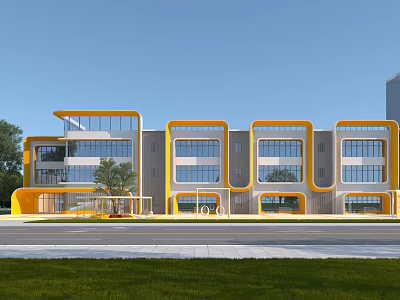 Modern School Building With Yellow And Gray Exterior Large Windows Green Lawn And Trees Nearby 3d model