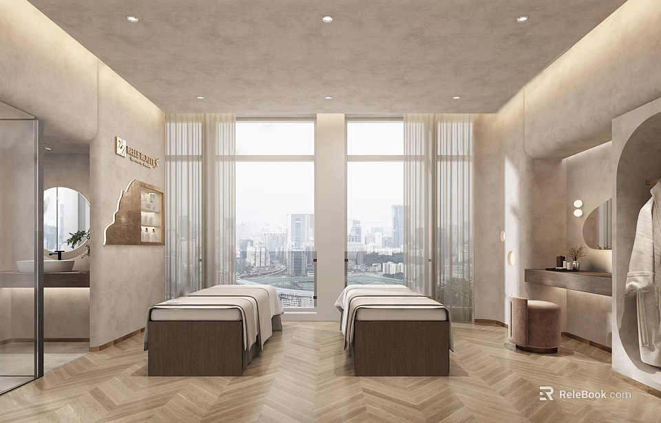 Modern SPA Interior With Two Massage Beds Large Windows City View And Wooden Flooring 3d model 