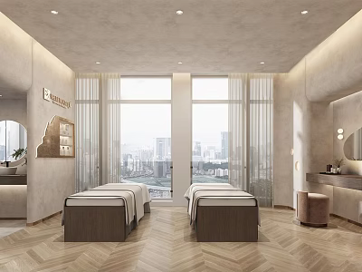 Modern SPA Interior With Two Massage Beds Large Windows City View And Wooden Flooring 3d model