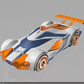 Streamlined Blue White and Orange Race Car with Orange Wheels and Rear Wing