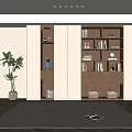 Modern Wooden Bookcase in Contemporary Living Room with Books Decorations and Potted Plant