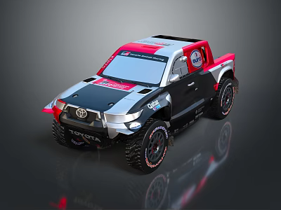 Toyota Off Road Racing Truck With Red Black Silver Exterior And Large Tires 3d model