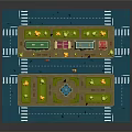 Cartoon Town Scene With Colorful Buildings Green Lawns Street Lamps And Central Fountain