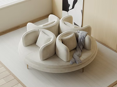Beige Circular Single seat Sofa With Cushions And Plaid Blanket In Minimalist Interior 3d model