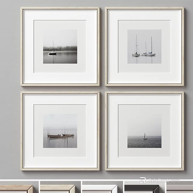 Four Minimalist White Picture Frames with Black and White Boat Photos Hanging on Wall 3d model 