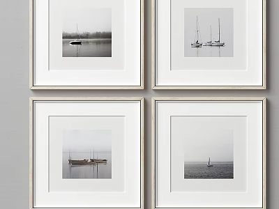 Four Minimalist White Picture Frames with Black and White Boat Photos Hanging on Wall 3d model