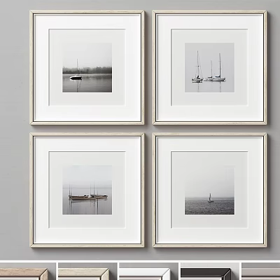 Four Minimalist White Picture Frames with Black and White Boat Photos Hanging on Wall 3d model