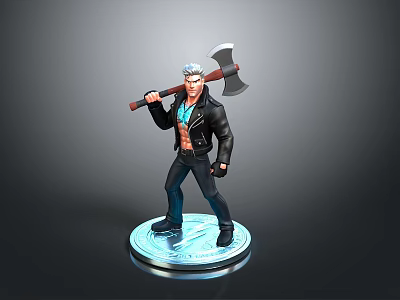 Male Action Figure With Axe Black Leather Jacket Blue Vest And Glowing Base 3d model