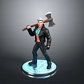 Male Action Figure With Axe Black Leather Jacket Blue Vest And Glowing Base
