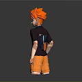 3D Rendered Game Character With Orange Hair Dark Shirt And Orange Pants