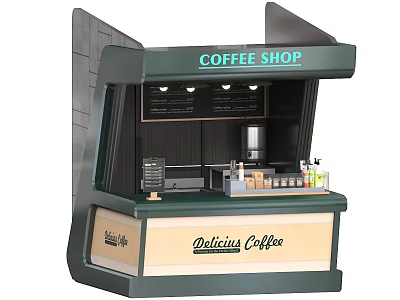 Coffee Shop Counter Design Featuring Delicious Coffee Sign Coffee Machine Cups And Condiments 3d model