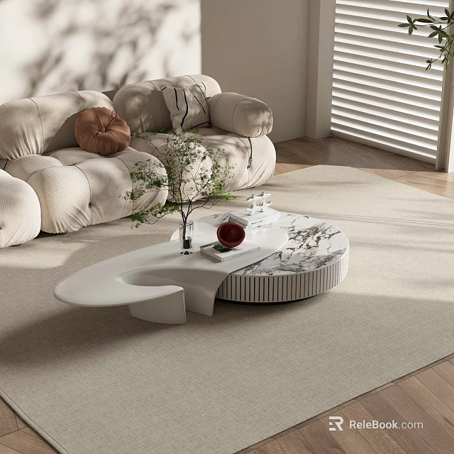 Modern White Marble Coffee Table In Living Room With Sofa Green Plant And Decor 3d model 