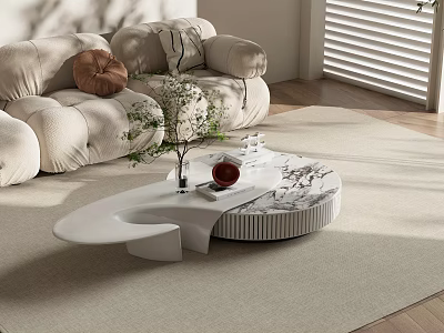 Modern White Marble Coffee Table In Living Room With Sofa Green Plant And Decor 3d model