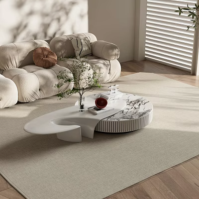 Modern White Marble Coffee Table In Living Room With Sofa Green Plant And Decor 3d model