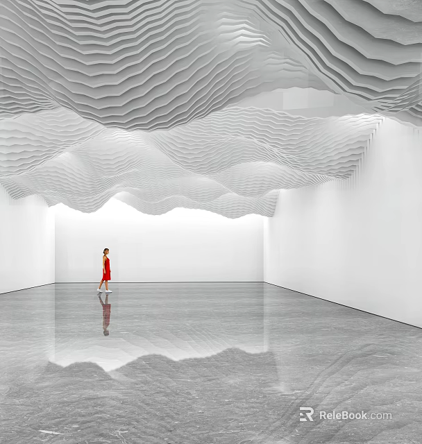 Modern Museum Interior With Wavy Ceiling Installation Person In Red Dress And Reflective Floor 3d model 