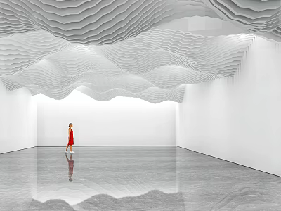 Modern Museum Interior With Wavy Ceiling Installation Person In Red Dress And Reflective Floor 3d model