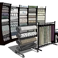 Fabric Samples Display With Branded Racks And Rolled Textiles In Showroom 3d model