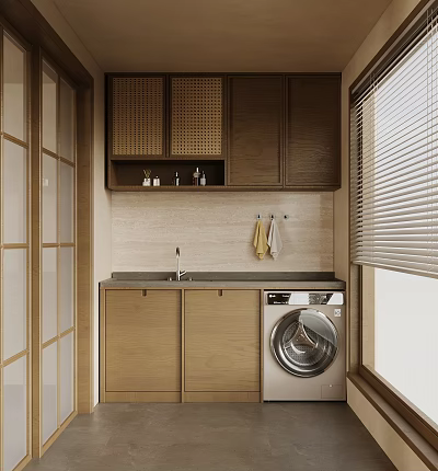 Modern Kitchen Interior With Wooden Cabinets Sink Washing Machine And Window Blinds 3d model