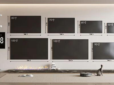 Various Size Televisions Mounted on Wall in Modern Display Area with Fireplace and Decorative Elements 3d model