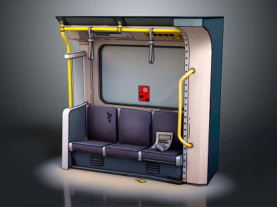 Subway Carriage Interior With Purple Seats Yellow Handrails And Emergency Button 3d model