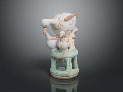 White Ceramic Bird Sculpture With Multiple Birds Standing On Green Base 3d model