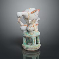 White Ceramic Bird Sculpture With Multiple Birds Standing On Green Base