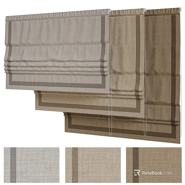 Beige Layered Curtains With Pleated Design And Border Trim For Home Interiors 3d model 