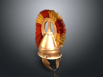 Ornate Golden Decorative Helmet With Red And Yellow Feather Plume Design 3d model