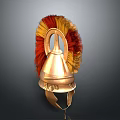 Ornate Golden Decorative Helmet With Red And Yellow Feather Plume Design