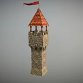 Medieval Brick Tower With Red Flag Castle Style Battlement And Wooden Door 3d model